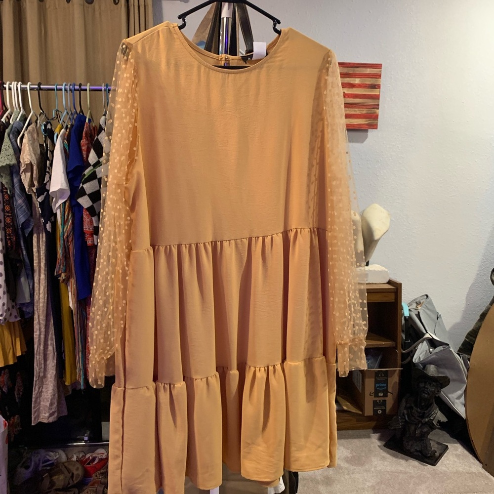 Elegant Peach Dress with Sheer Sleeves